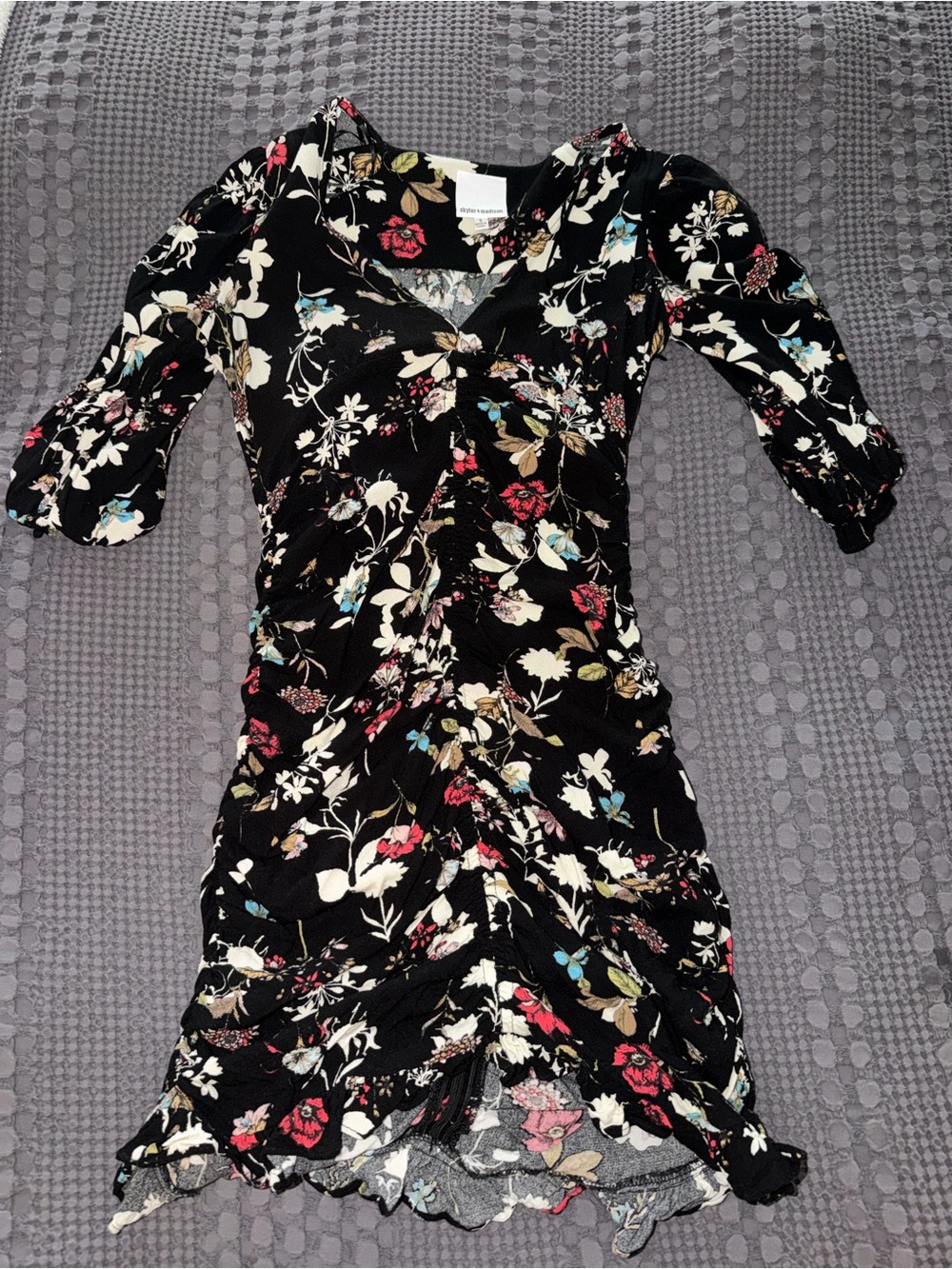 Skylar + Madison Black Floral Ruched Long Sleeve Dress